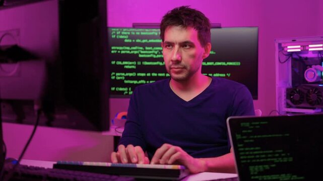 Solo software engineer working through technical issues late at night. Dedicated coder in dim lighting diagnosing problems on open computer case with intense concentration