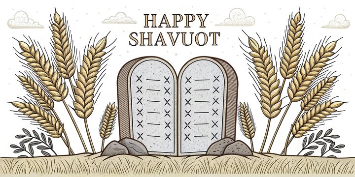 Happy Shavuot greeting with ten commandments tablets and wheat harvest decorative composition