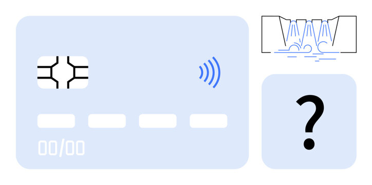 Digital security, contactless payment, transaction technology, encryption, secure identity. A credit card with a wireless symbol, a flow diagram, and a question mark. Digital security and contactless