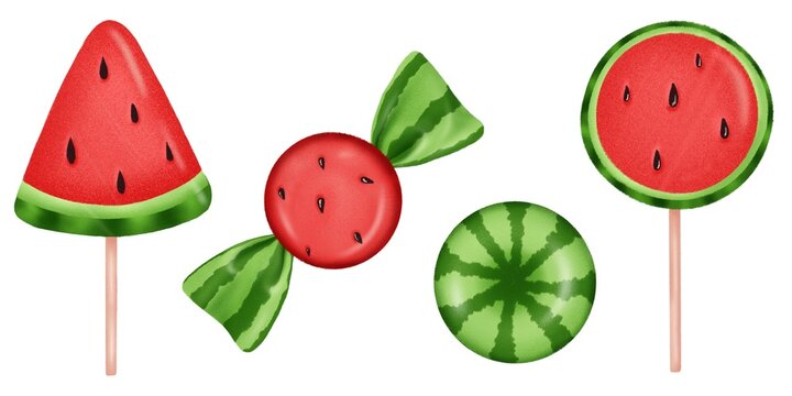 Clipart set with watermelon candies, lollipops and sweet summer treats, isolate on white background