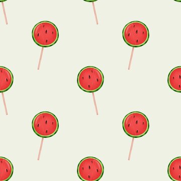 Seamless watermelon lollipop pattern, summer fruit candy background, cute minimal food texture