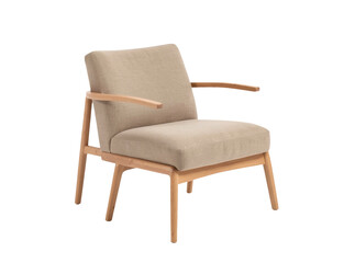 Fototapeta premium A single beige chair with a wooden armrest, simple and elegant design
