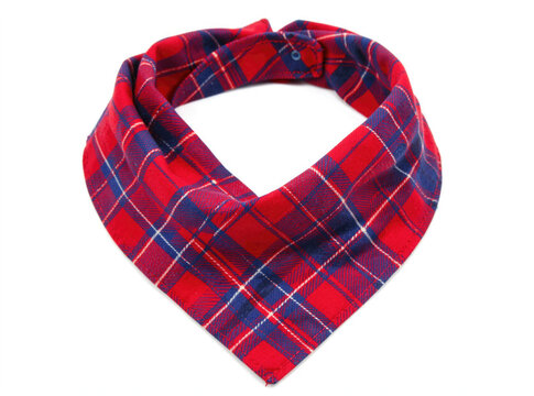 A bold red and blue plaid patterned bandana against a clean white background