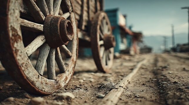 Antique wooden wagon wheel on dusty ground illustration