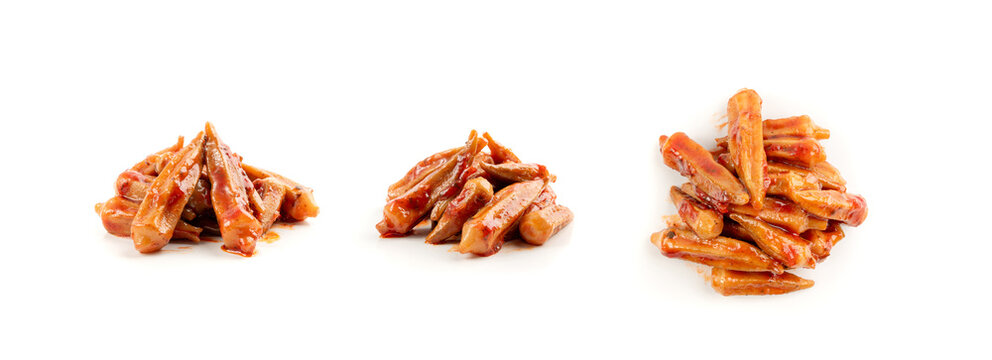 Stewed okra, cooked bamya fruits isolated, traditional asian dish bamia in red sauce, okra stew closeup