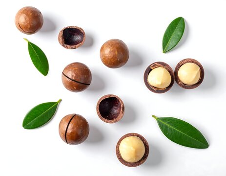 Overhead shot of shelled & unshelled nuts with green leaves scattered on a white surface