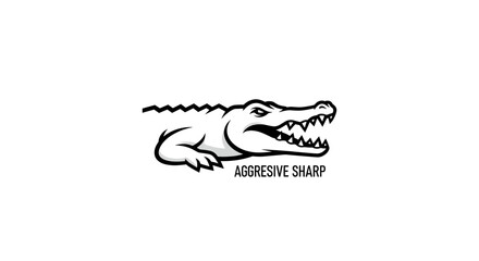 A striking black and white graphic illustration of an aggressive alligator or crocodile with its mouth wide open, displaying sharp teeth and a powerful jaw. © Hari