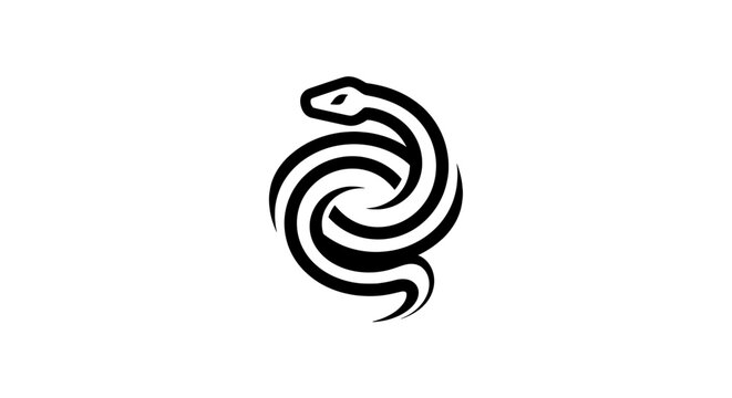 A stylized black snake with a detailed head and scales, coiled around a dynamic spiral vortex design, set against a clean white background.
