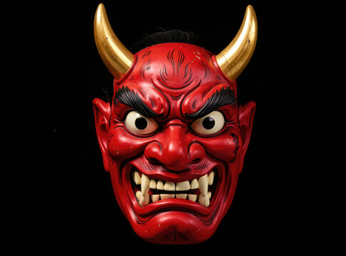 A detailed shot of a red mask with horns, suitable for use in fantasy or horror-themed designs