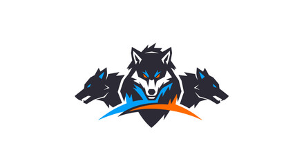 A striking digital illustration of a fierce wolf head emblem with two flanking wolf heads. © Hari