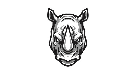 A detailed, close-up illustration of a fierce rhinoceros head with a prominent horn, rendered in a dramatic black and white style. © Hari