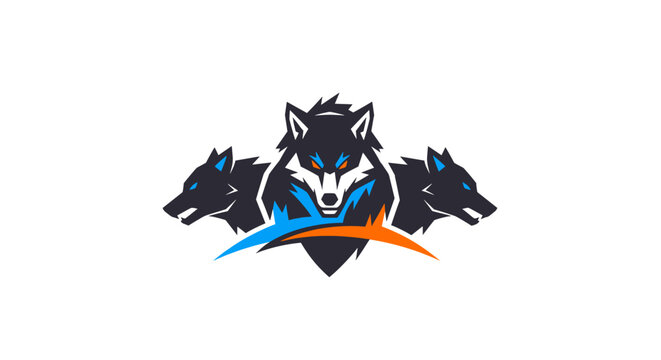 A striking digital illustration of a fierce wolf head emblem with two flanking wolf heads.