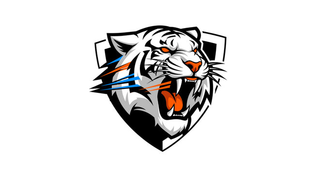Aggressive white tiger head roaring with orange eyes and mouth, stylized as a sports or esports logo on a shield background.