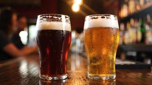 Two cold beers served in pint glasses with condensation, resting on a wooden bar in a pub setting