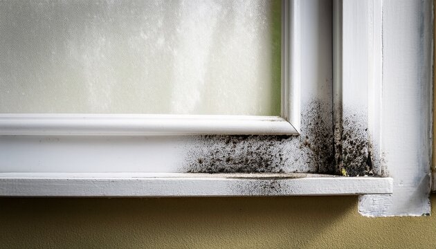 black mold growing on white wall by window frame
