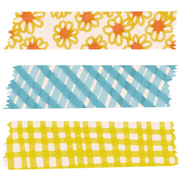 Hand-drawn watercolor cottagecore washi tape set with yellow flowers and blue checkered patterns. Decorative masking tape strips for zine and scrapbook. PNG isolated on transparent background