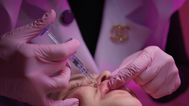 Awaiting cosmetic enhancement. Woman prepares for lip procedure. Patient readies for lip augmentation treatment. Caucasian woman in sterile environment before lip injections