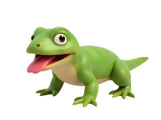 Fototapeta premium A small green toy lizard with its tongue sticking out, great for use in children's illustrations or as a playful prop