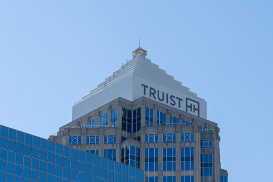 Tampa, Florida, USA - January 8,  2022: Truist major office in Truist Place skyscraper on East Jackson Street in downtown Tampa, Florida. Truist Financial Corporation is an American bank. 