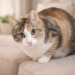 Fototapeta premium Cute tabby cat with big eyes sitting on sofa, cozy home pet portrait