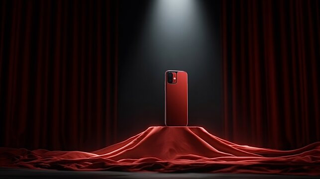 Red smartphone presenting new technology on a velvet podium against a dark red curtain backdrop, highlighted by a bright spotlight, symbolizing innovation and exclusivity