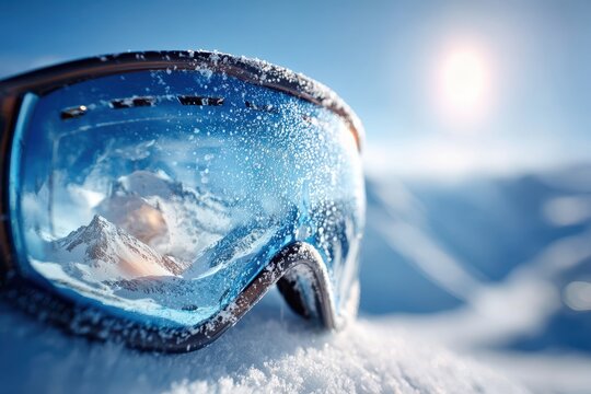 Ski goggles reflecting snowy mountain peaks