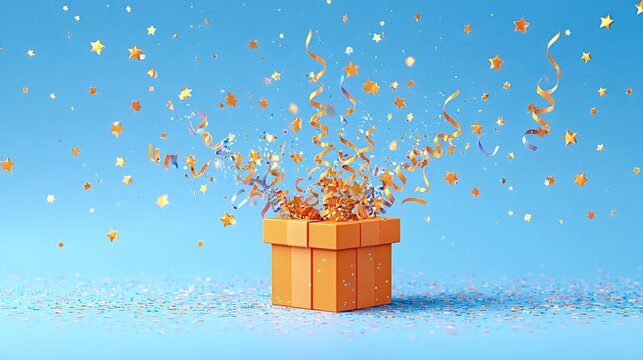 Orange gift box exploding with shiny golden stars, festive confetti, and long curling streamers, creating a vibrant scene on a blue background and celebrating a special event