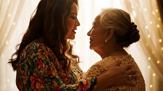 Mature woman tenderly embracing her mother in soft sunlight, emotional slow motion hug, floral sleeve and golden lace, heartfelt connection, elder care, and Mother's Day tribute.