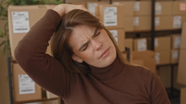 Woman holding head with hand and eyes closed among stacked parcels on shelves in a building, hand on neck for pain; work stress.