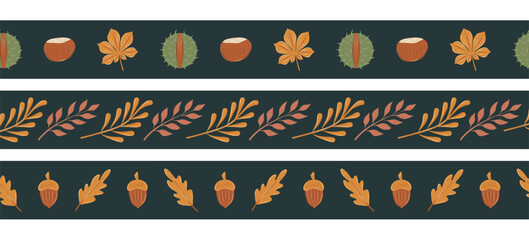 Autumn border set with leaves, acorns and chestnuts on dark green background. Seamless decorative frames for packaging, cards, textile and seasonal design. © IrinaBrusentseva