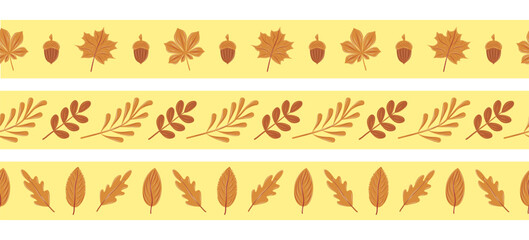 Autumn border set with leaves and acorns on warm yellow background. Seamless decorative frames for packaging, cards, invitations and seasonal design. © IrinaBrusentseva