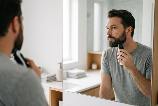 Handsome man grooming his facial hair using an electric trimmer while looking in a bathroom mirror during his morning routine