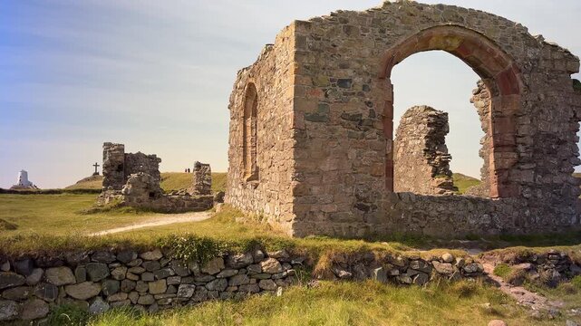 Stone Ruins of Church of St. Dwynwen and Twr Mawr Lighthouse, Llanddwyn Island, Anglesey, Wales, United Kingdom