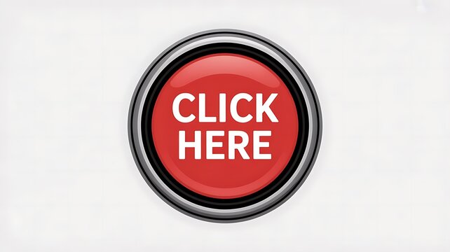 Red click here button, shiny rounded interface element, web navigation icon, call to action symbol