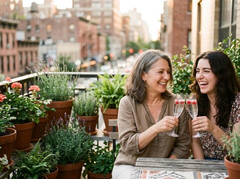Happy mother and adult daughter toasting with champagne glasses on a city balcony garden at sunset