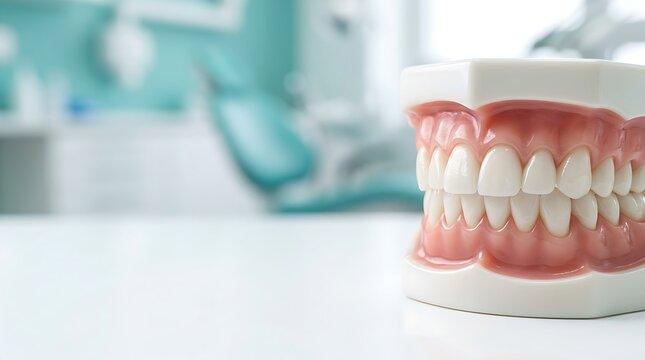 Close up of human dental jaw model with white teeth and pink gums on white table in modern bright dental clinic office for education and oral health concept