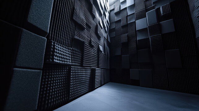 Dark recording studio with geometric acoustic foam panels lining walls and ceiling, creating a textured, soundproof environment for audio recording and noise control