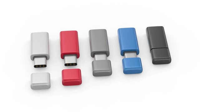 Five USB-C flash drives in different colors