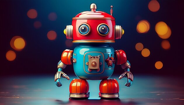 classic red blue robot toy this delightful automated plaything with its winding key evokes bygone eras of simple joy and ingenuity vivid colors pop on the dark backdrop