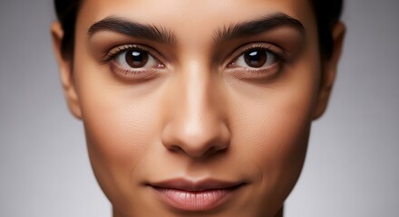 Fototapeta premium Close-up portrait showing a calm expression against a smooth gray background
