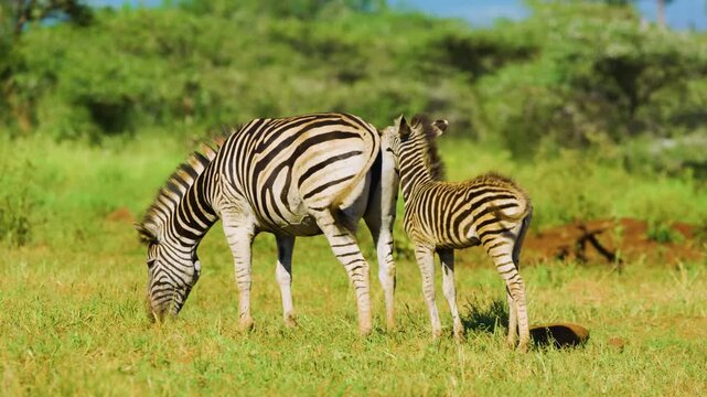 A Burchell's zebra (Equus quagga burchellii) cuddling his mother zebra.