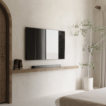 Modern TV Wall Design with Floating Wood Shelf and Indoor Tree
