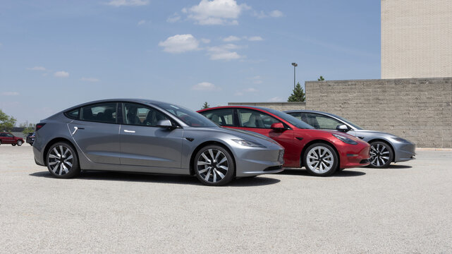 Tesla EV electric vehicle dealership. Tesla models include the Cybertruck, Model 3, Model Y, Model X and Model S.