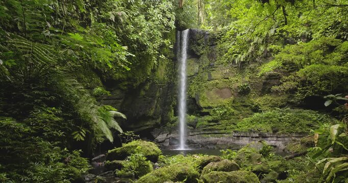 High jungle waterfall plummeting into a clear pool surrounded by dense green vegetation and moss covered rocks in vibrant tropical rainforest of the Solomon Islands. Nature background, static shot