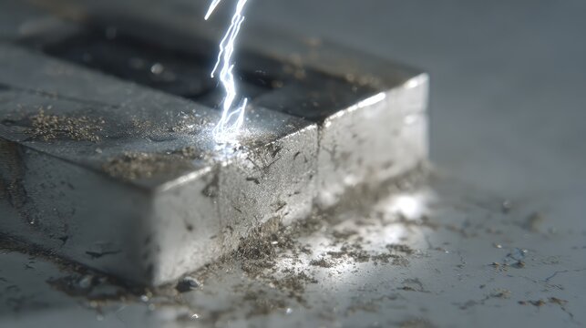 Bright energy creating a powerful electrical spark while impacting a rough, textured metal surface, illustrating concepts of power, force, and industrial processes