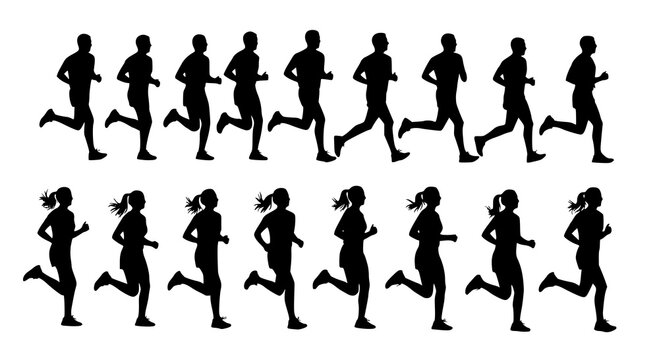 Running men and women, isolated vector silhouettes. Run, side view. Silhouettes of athletic looking male and female runners running. JPEG version.