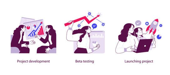 Naklejka premium Flat business illustration showing project development, beta testing, and launching a project with teamwork, analytics, validation, and startup growth concepts.