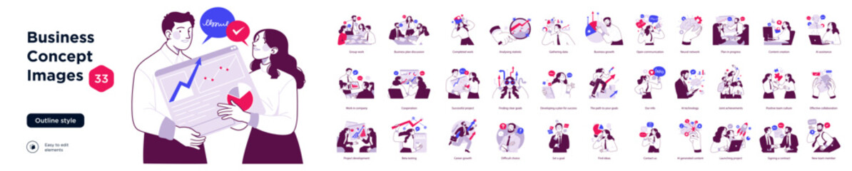 Naklejka premium Outline style illustration set showing diverse business concepts including strategy, analytics, teamwork, growth, planning, problem solving, and professional collaboration.