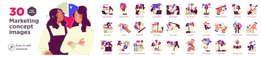 Large flat illustration bundle showing marketing concept images with strategy, analytics, communication, teamwork, growth, and customer engagement scenarios.