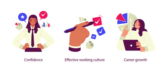 Fototapeta premium Flat business illustration showing confidence at work, effective working culture, and career growth through productivity, positive mindset, and professional development.